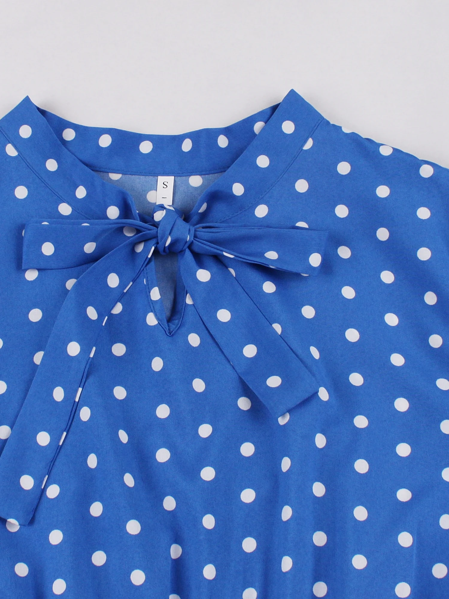 French countryside style blue wavelet point versatile skirt Spring and Autumn style bow tie neck slim fit dress