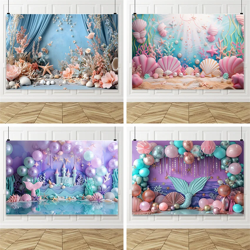 

Фон для фотосъемки «Подводный мир» с жемчугом, хвостом русалки, принцессой, для дня рождения девочки, декор для фотосессии, фон для студии