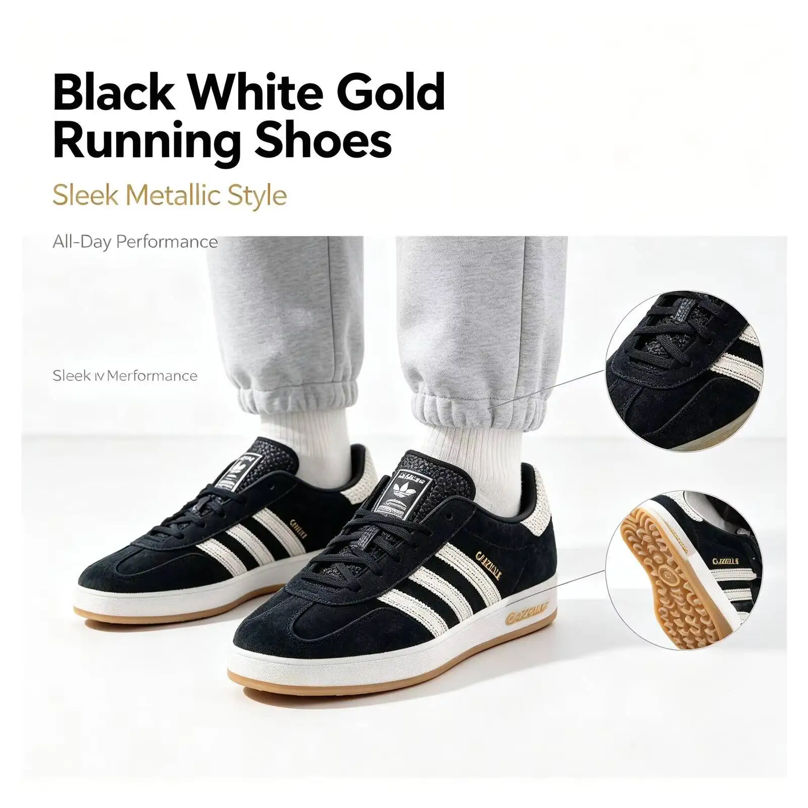 Adidas New Originals  Black White Gold Running Shoes for Men Sleek Thick Sole Lightweight Breathable Urban Sport Sneakers JI2755