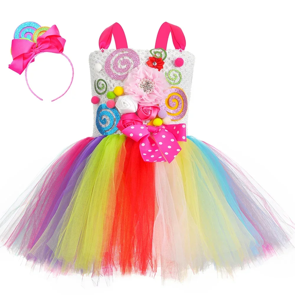 Sweet Rainbow Candy TutuสำหรับสาวฮาโลวีนวันเกิดPartyเสื้อผ้าเด็กดอกไม้Bow Lollipop Candyเครื่องแต่งกายHeadband