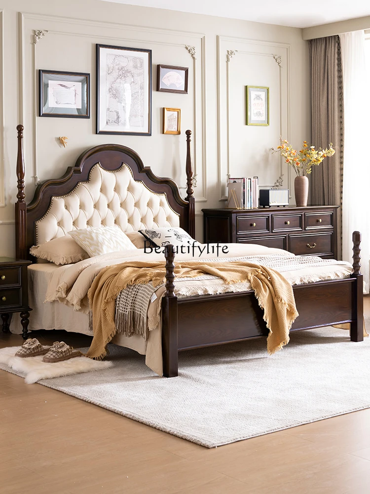 

American Retro Solid Wood Genuine Leather Soft Back High Box 1.8m Double Bed French Vintage Master Bedroom 2m Large Bed