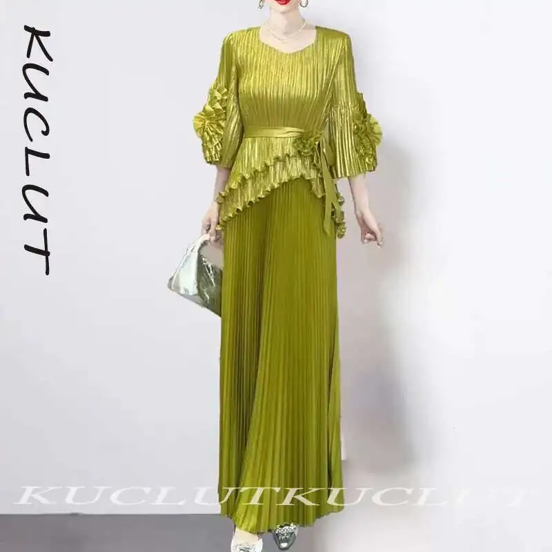 

KUCLUT 2025 Fashion Women's Pleated Dress Ruffled Design Belted Waist Elegant Dresses Female New Items K134