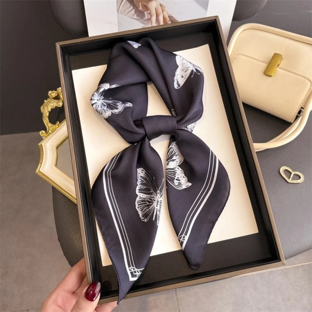 Versatile Elegant Women Scarf Square Shape Butterfly Print Silk Scarf Silk Imitation Neckerchief Women Accessories