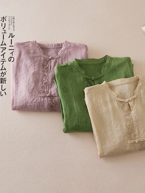 Retro Embroidered Cotton Linen Thin irt Large Size Women's Button Stand Collar Seven Sve Zen Tea Costume Top