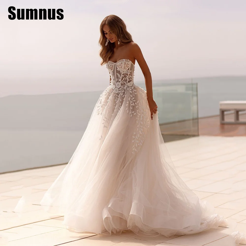 Sumnus Fashion Strapless 3D Flower Lace Applique Wedding Dresses Floral Sweep Train Custom Bridal Grown 2025 Vestido De Noival