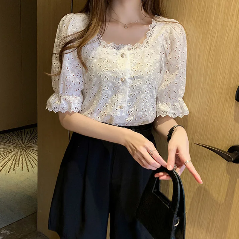 Korean Summer Tops 2023 Shirt Elegant Lace Shirt Women Square Collar Short Sleeve Hollow Out Vintage Elegant Blouse Blusas 13934