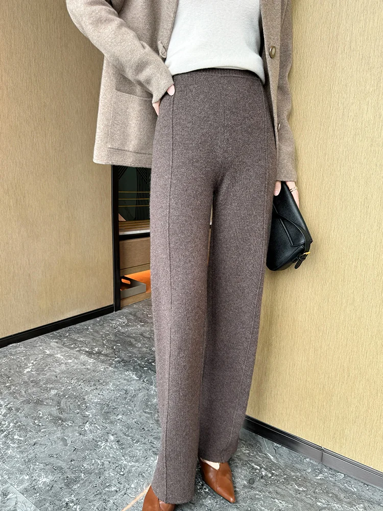 100% Pure Cashmere Pants Women's High Waisted Knitted Wide Leg Pants Autumn Winter Casual Straight Leg Pants Versatile High-end
