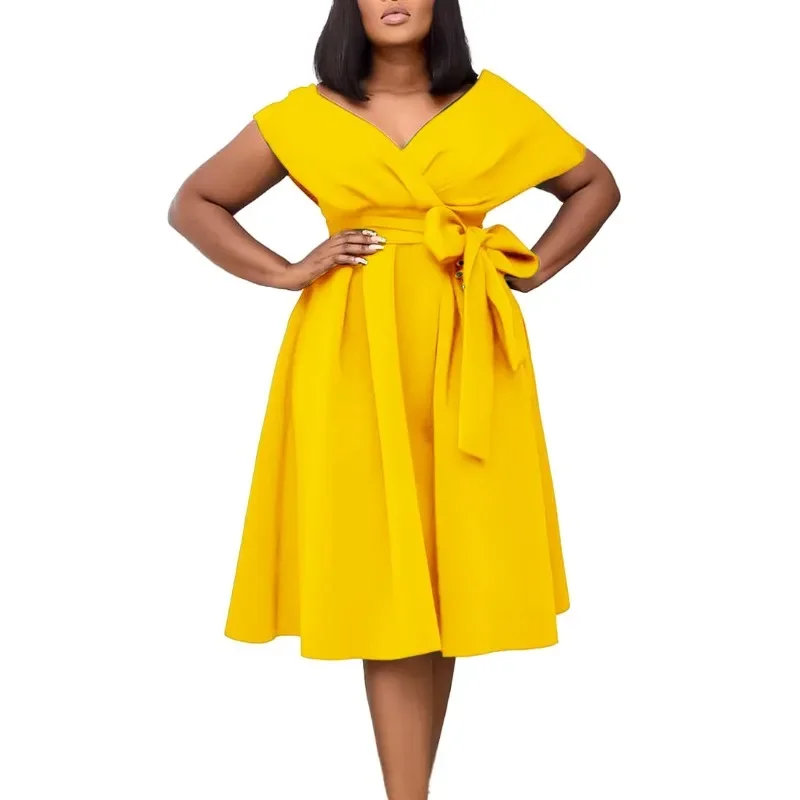 فستان أفريقي موضة صيف 2025 بأكمام قصيرة ورقبة على شكل حرف v من البوليستر فستان ميدي فساتين أنقرة Dashiki فساتين أفريقية للنساء #3