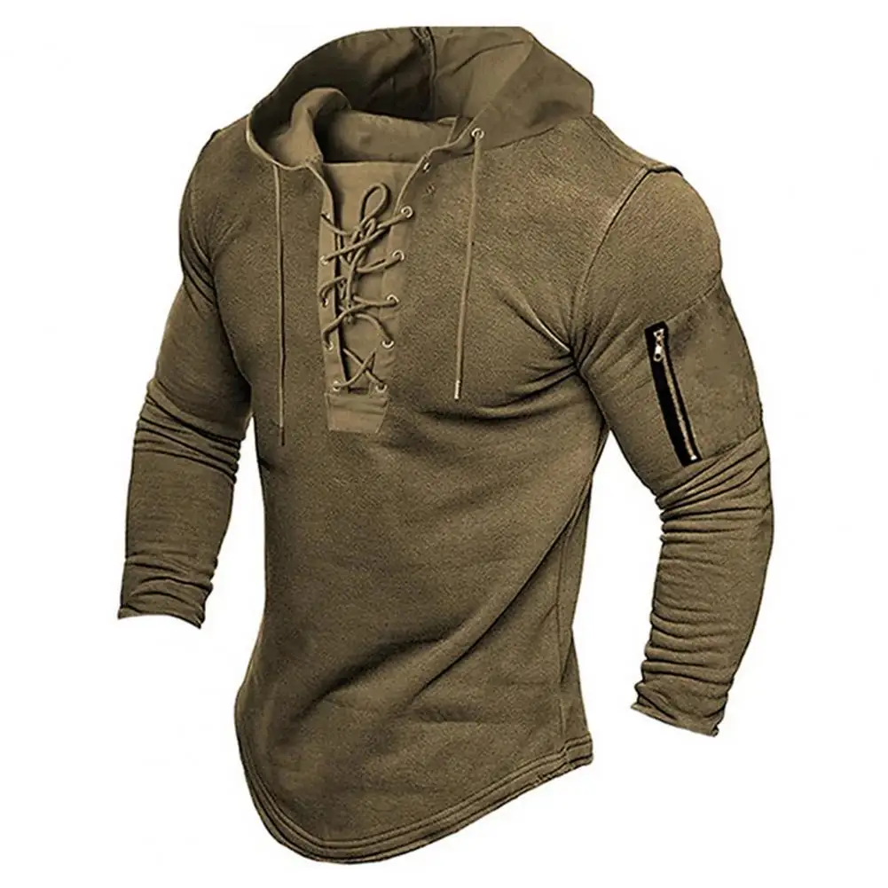 No Ironing Men Hoodie Vintage Lace-up Hoodie Stylish Men\'s Pullover with Zipper Detailing Slim Fit for Spring Fall Casual Style