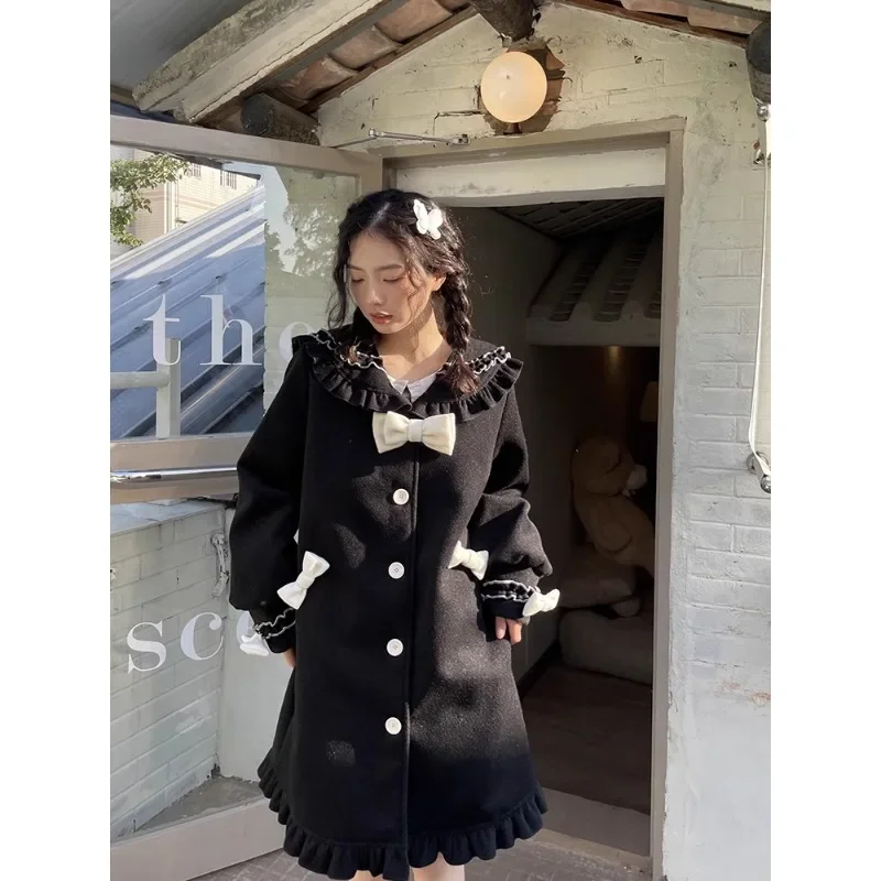 Sweet Japanese Style Black Bow Ruffle Edge Woolen Coat Student Kawaii Doll Collar Bows Splicing Mid-length Wool Jacket Women