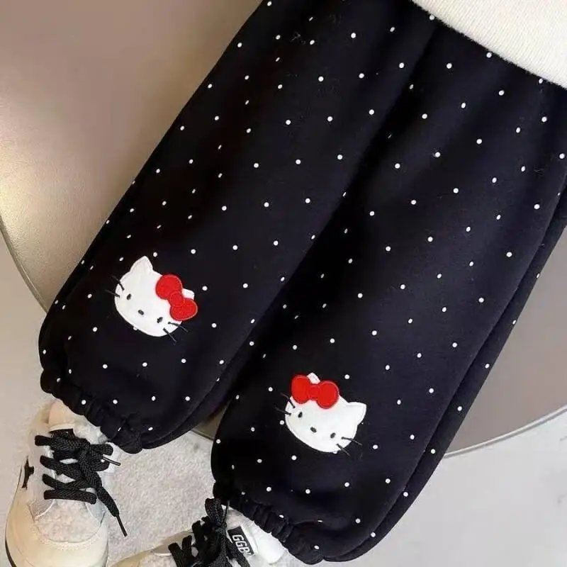 

Sanrio Hello Kitty Girls Winter Fleece Cat Dot Print Pants 2026 New Thick Warm Casual Sportswear For Kids Cute Kawaii Fashion