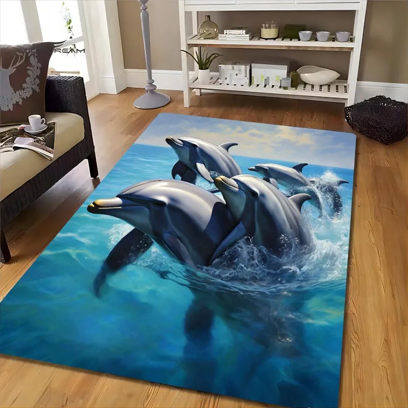 VIKAMA Dolphin Ocean Area Rug 3D Realistic Jumping Dolphin Blue Sea Water Wave Print Non-Slip Washable Living Room Home Floor