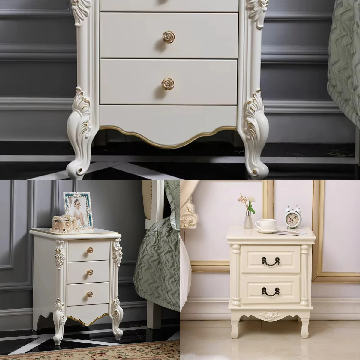 Romantic Carved White Nightstand, French Gold Trim 2-Drawer Solid Wood Bedside Storage Cabinet