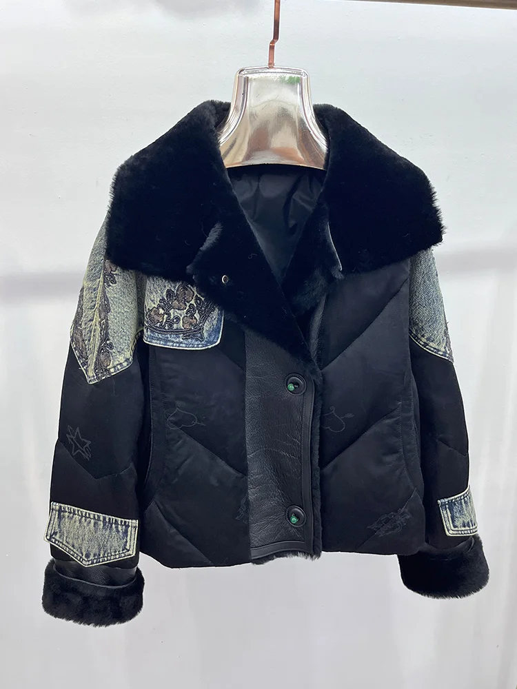 شتاء 2025 النساء أسفل معاطف ميرينو الأغنام الفراء طوق فضفاض عادية أوزة أسفل الإناث أسفل سترة التطريز سترة منفوخة