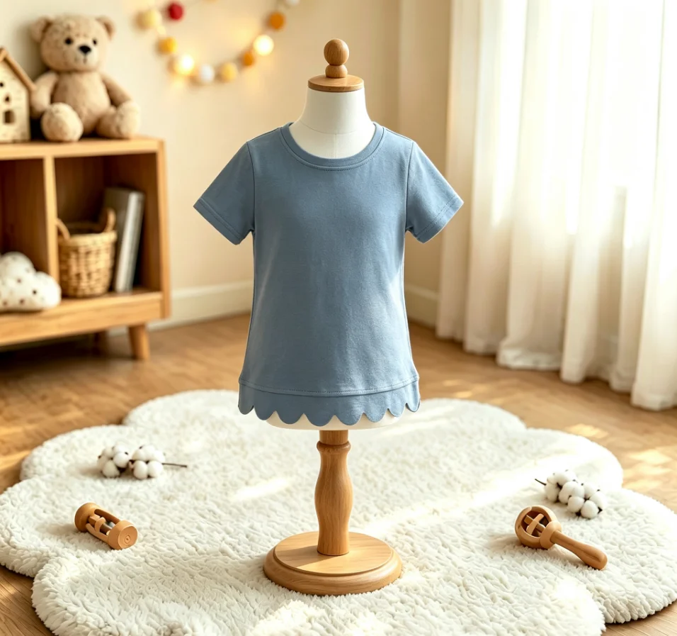Wholesale Baby Girl T-shirt Toddler Girls Summer Clothing Children Kids Cotton Blue Short Sleeves Scalloped Shirt
