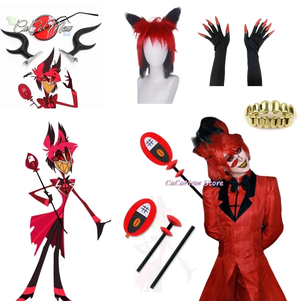 Hazbin Cosplay Alastor Tooth Cosplay Props 85CM Detachable Vertical Microphone Sticks Canes Halloween Carnival Party Nail Gloves