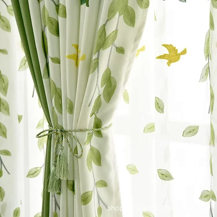 

Nordic pastoral green homestay curtains embroidery hooks fresh floral window screen leaves curtain bedroom living room