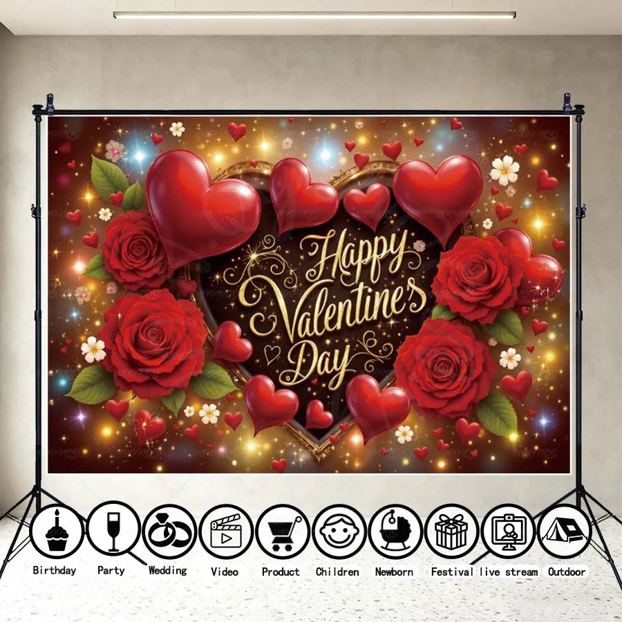 

MOON.QG Valentine's Day Archway Backgrounds For Photographs Red Rose Heart Romantic Path Backdrop Photocall Festival Photoshoot
