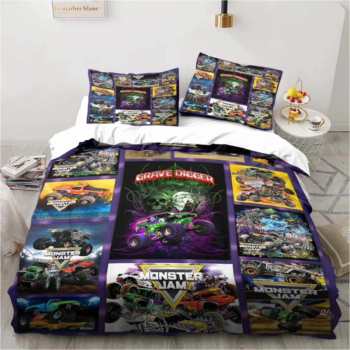 Monster Truck Bedding Cartoon Gift Twin Bedding Set 3 Piece Comforter Set Bed Duvet Cover Double King Cover Home Textile