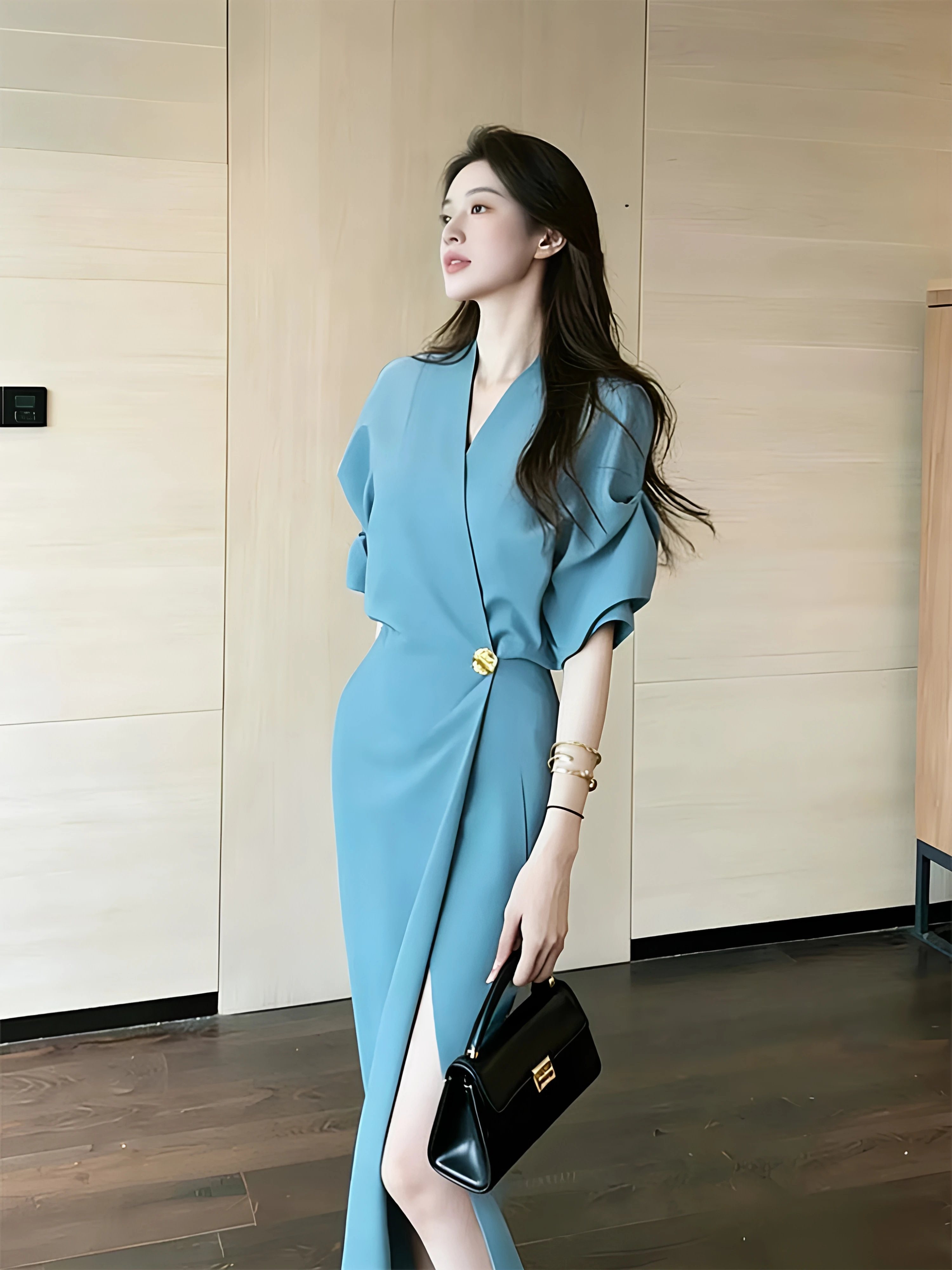 Elegant Slimming Acetate Wide Leg Pants Women's Fashion Set Two-Piece Suite Luxury Style Summer New Arrival V-Neck Button-Up