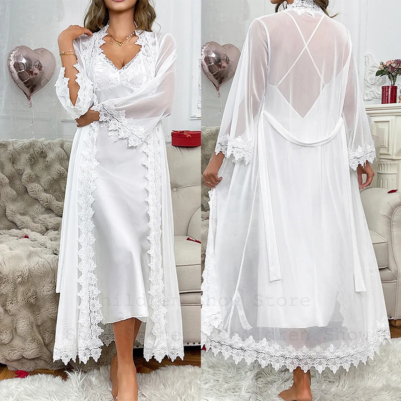 White Mesh Wedding Robe Satin Chemise Sleepwear Elegant Vestidos De Novia Long Party Dress Set Women Lingerie Bathrobe Suit