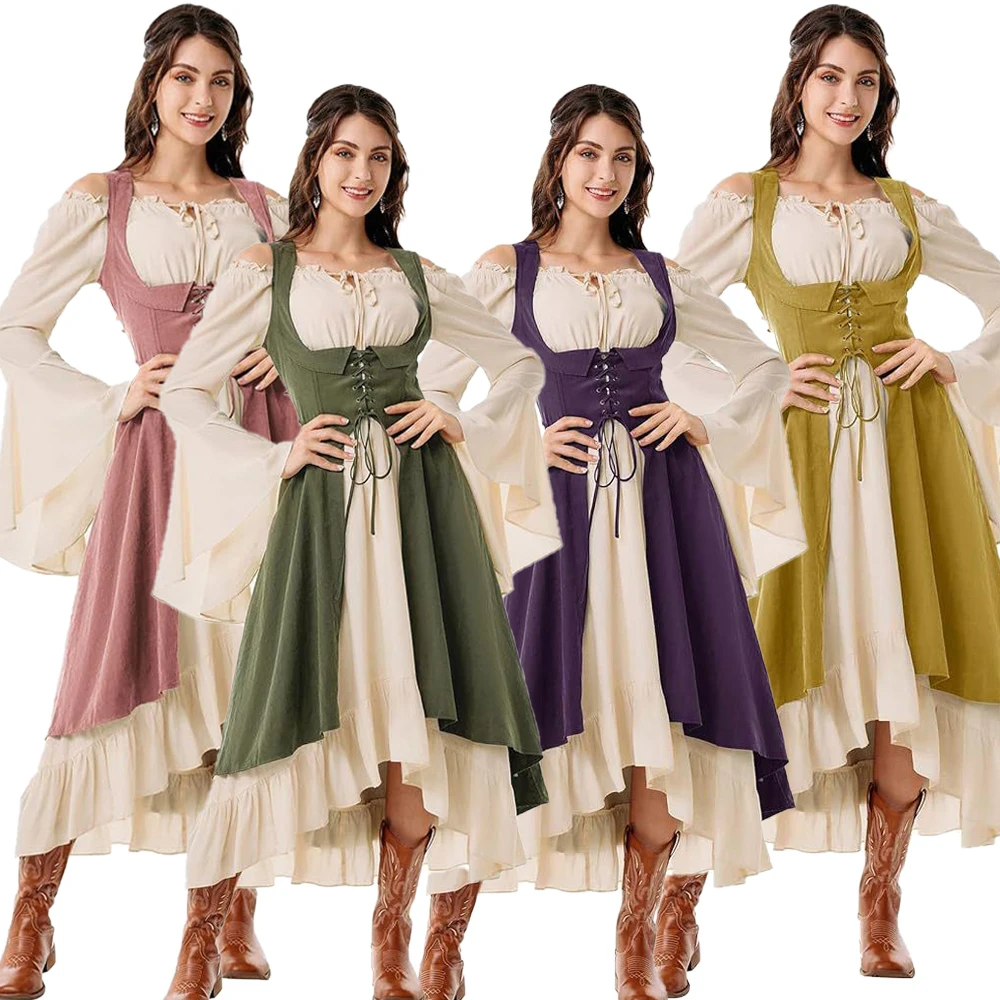 ملابس عصر النهضة النسائية، محيط الصدر، مزارع القراصنة، فستان عالي منخفض مع فم، طقم مكون من قطعتين