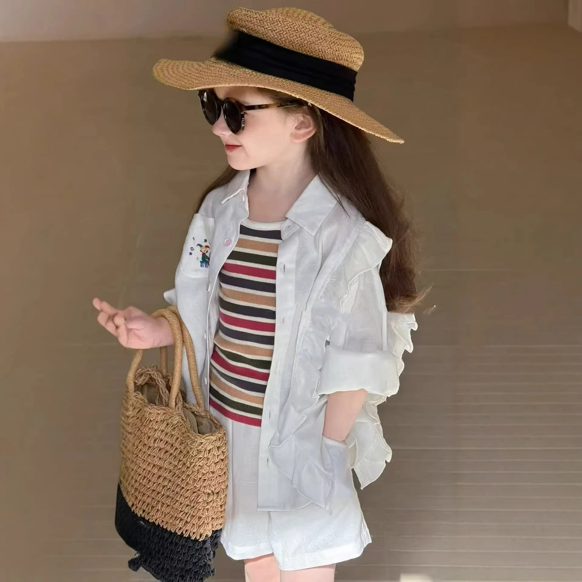 2026 Summer New Children's Clothing Girl Set Cartoon Printed White Long Sleeved Cardigan+ Kids Casual Shorts Two-piece Set