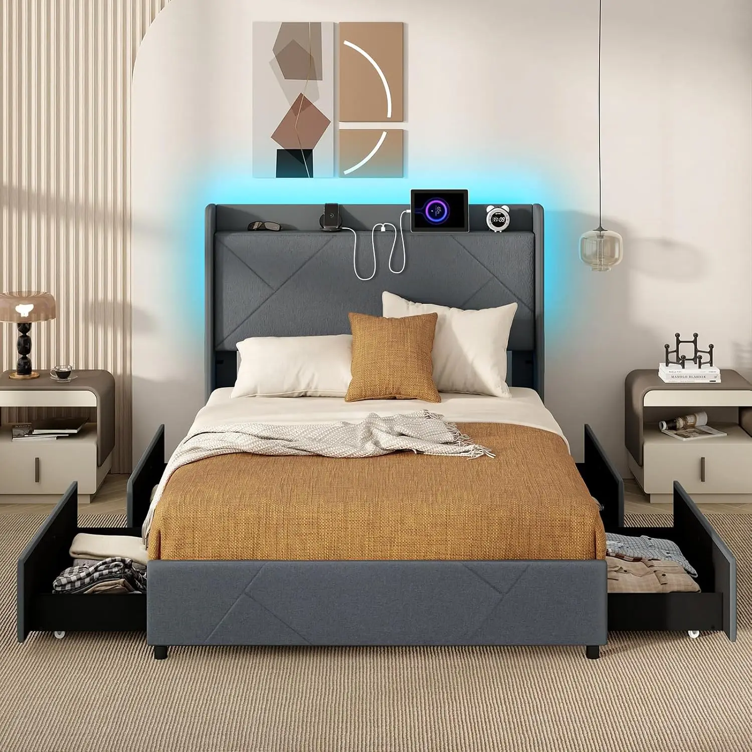 Full Size Upholstered Bed with 4 Drawers & LED Lights, Wingback Headboard, Charging Station, Wooden Slats, Easy Assembly, Grey,