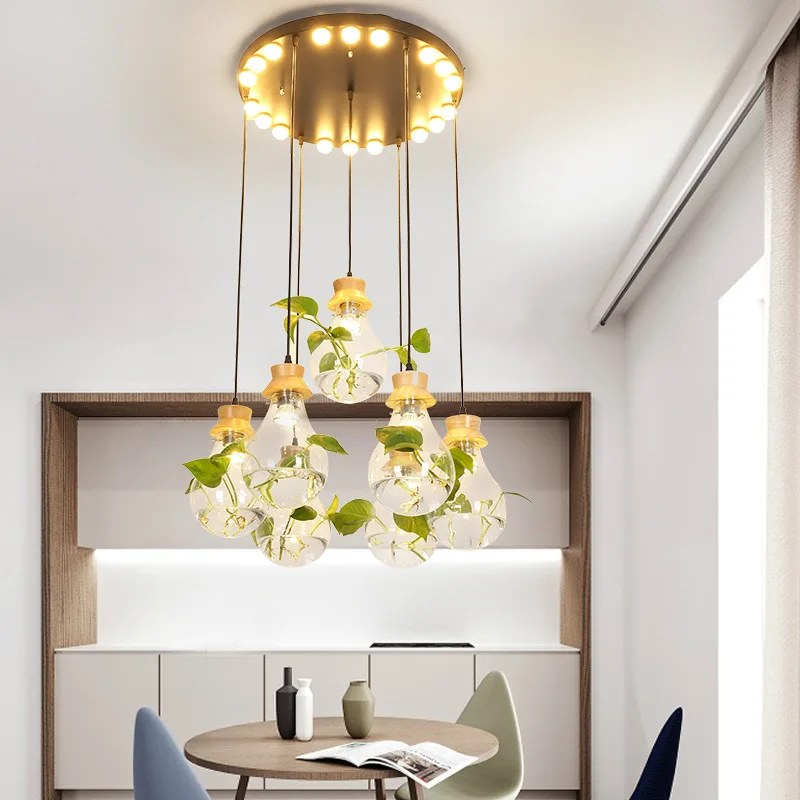 Modern Wood Glass Bottle Decor Luminaires Restaurant Bar Cafe Living Room Kitchen Island Hanging Lamp Plant Pendant Lights