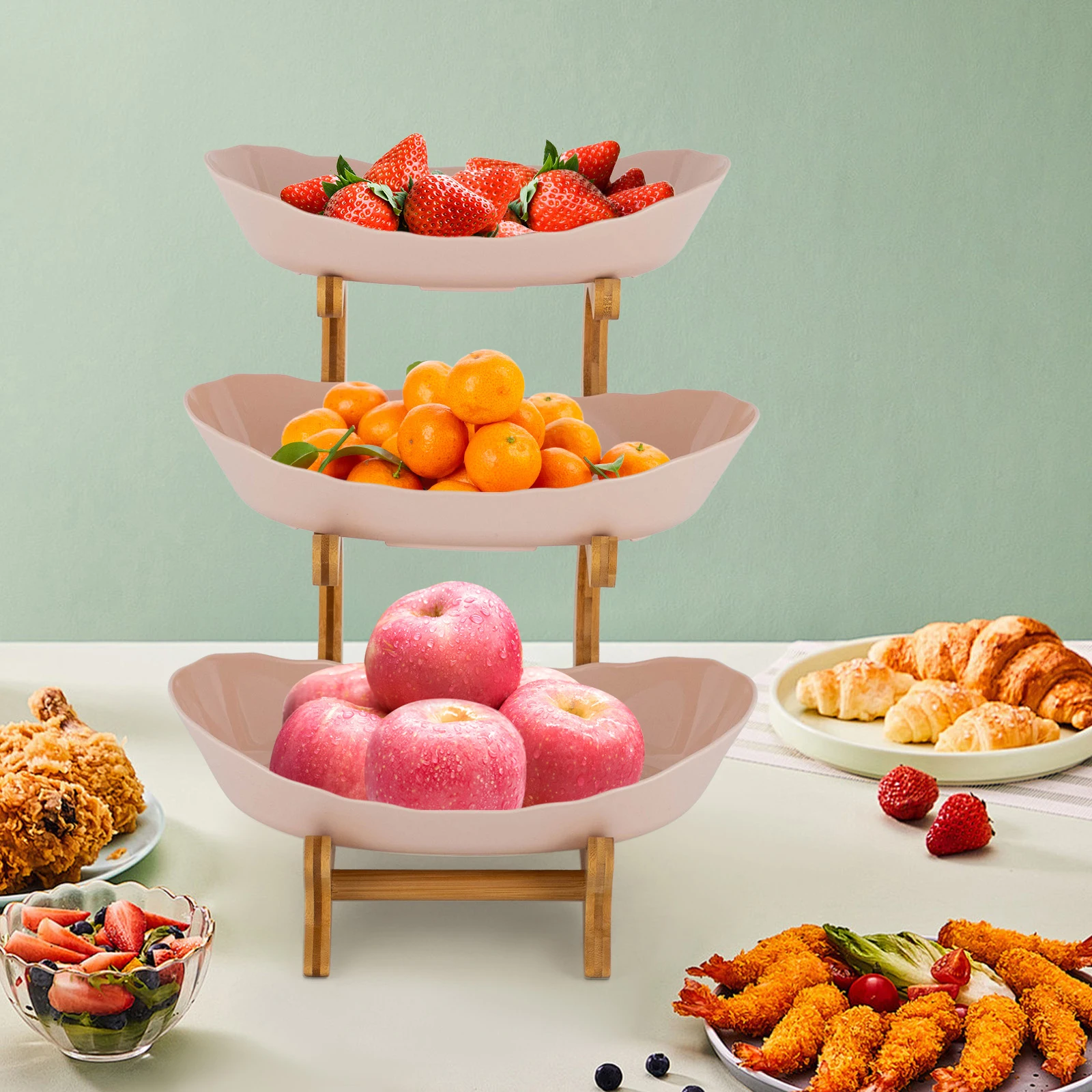 

3 Tier Fruit Stand Bamboo Wood Plate Holder Beige Plastic Serving Tray with Yuanbao Design for Snack Dessert Party