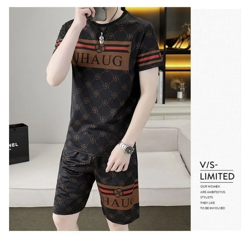 Men's Clothing Summer high quality Fashion Brand Printed Short T-Shirts Thin Casual Handsome All-match 2-piece Sets