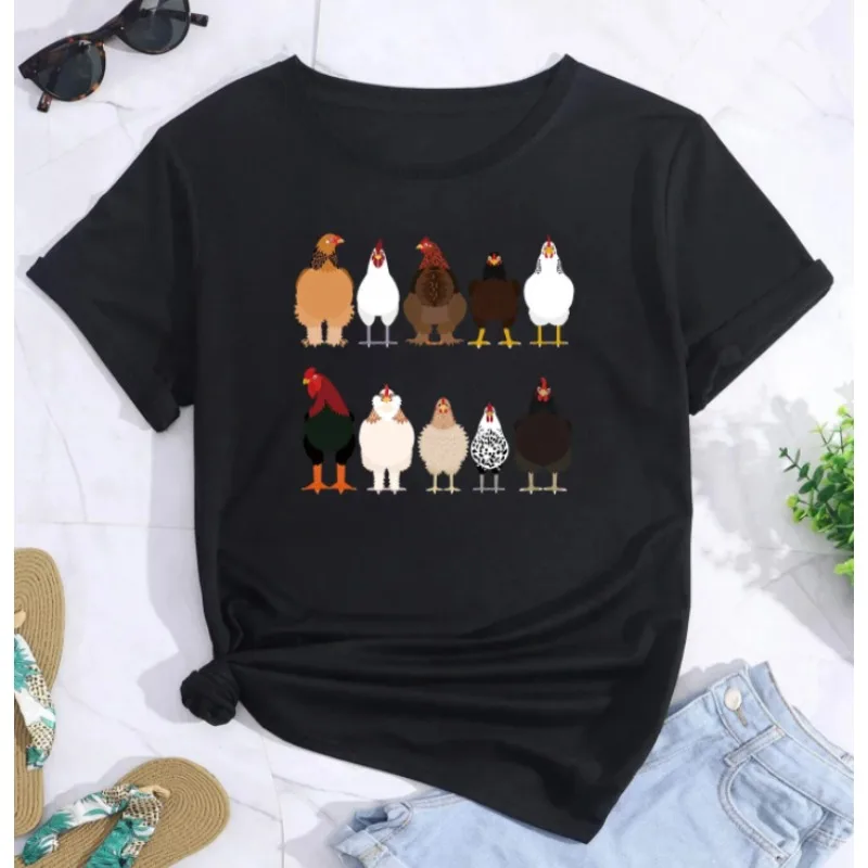 

Chicken Print Crew Neck T-shirt Casual Loose Short Sleeve Fashion Summer T-Shirts Tops Women's Clothing T-shirts