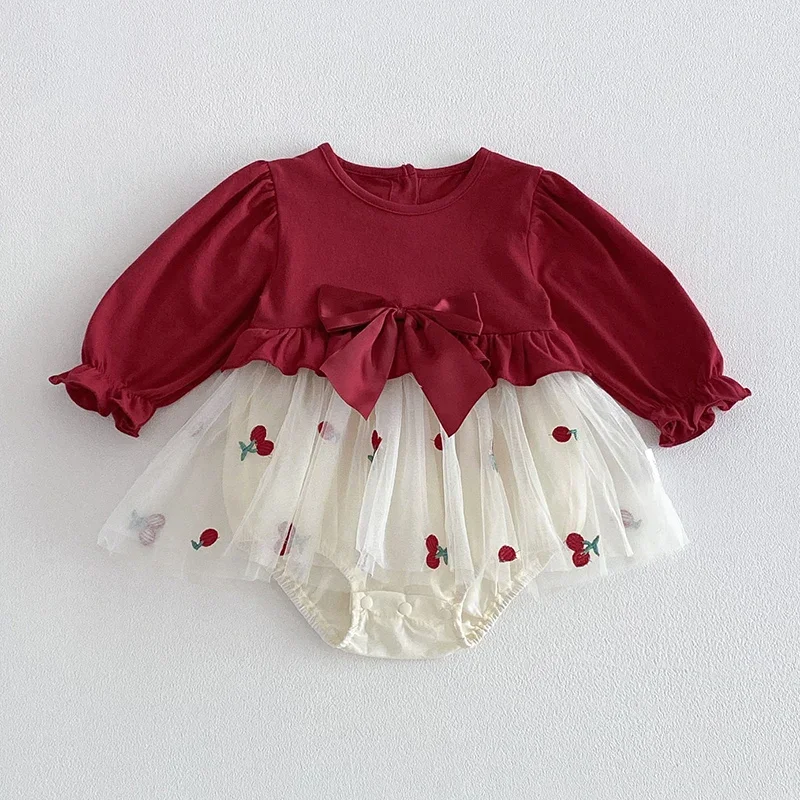 2026 New Spring Toddler Baby Girl Romper Long Sleeved Cotton Mesh Splicing Infant Baby Girl Jumpsuit 0-24M Children Clothes