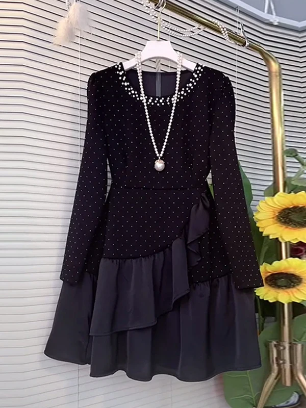 plus Size Long Sleeve round Neck Diamond Embellished Dress Slimming A-Line Skirt Korean Style Commute Fashion Winter Season