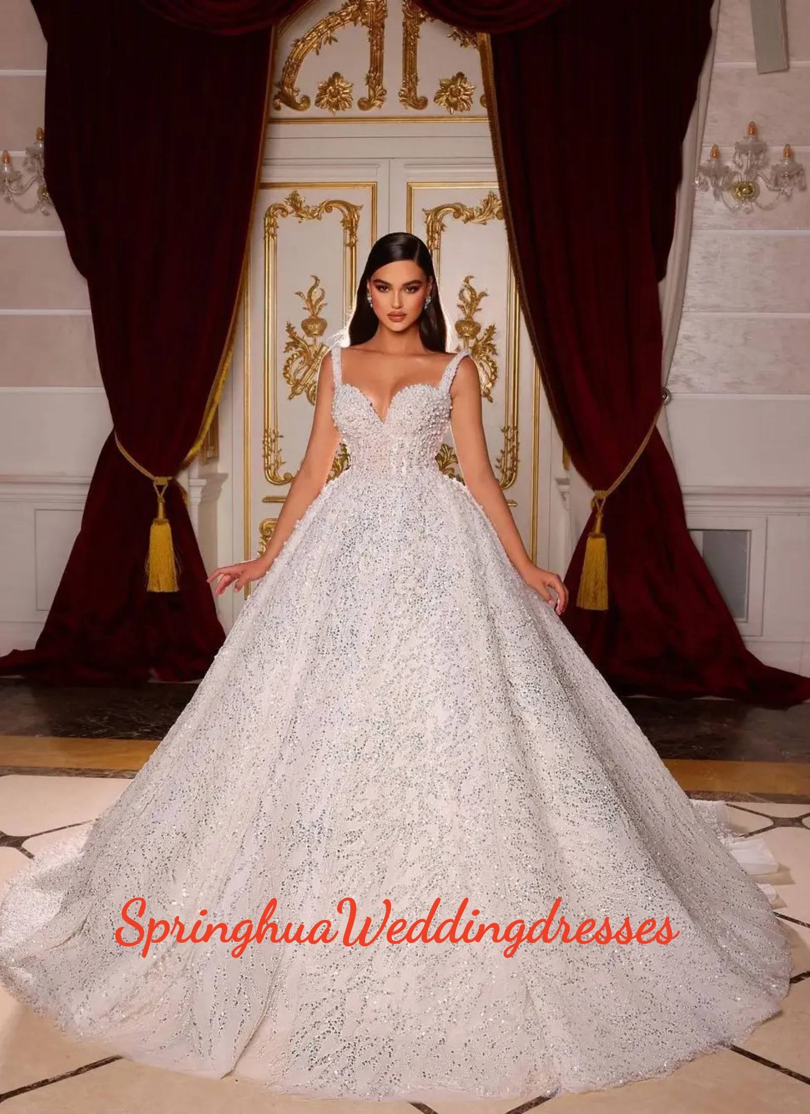 Customized Stylish Wedding Dress Sleeveless V Neck Ball Gown Sequins 3D Lace Appliques Beads Pearls Bridal Gown Vestina De Novia