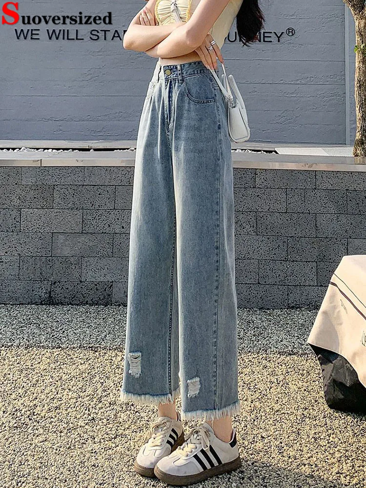 

Рваные винтажные модные джинсы до щиколотки, женские повседневные широкие джинсовые брюки с высокой талией, прямые свободные уличные брюки Vaqueros