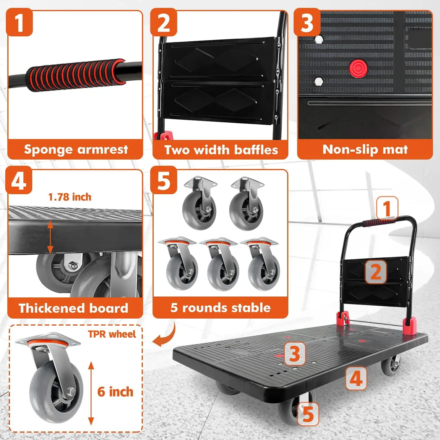 Roda 6 "putar 360 °, keranjang tangan truk Platform bergerak tugas berat kapasitas 1600LBS