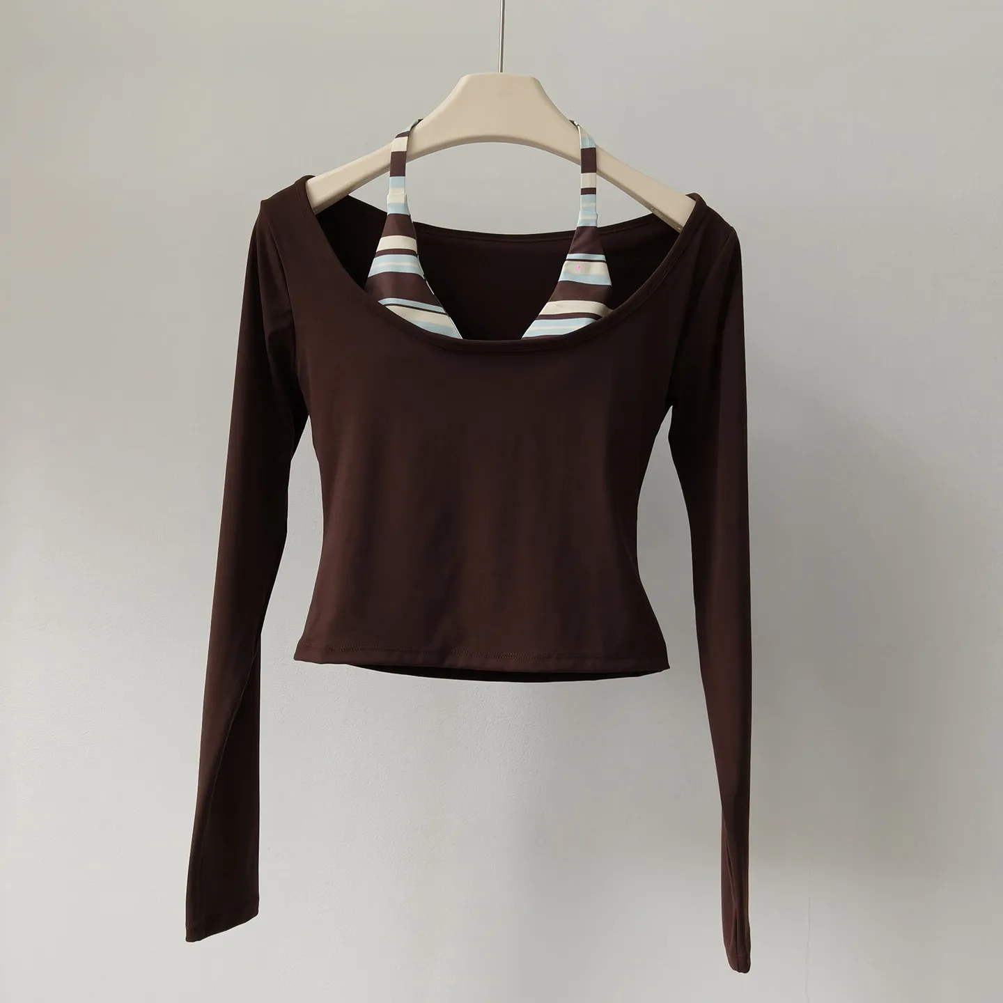 Women's Halter Neck Yoga Top Long Sleeve Fitness Stripe Splicing Cropped Gym Workout Active Breathable Sports Training Shirt