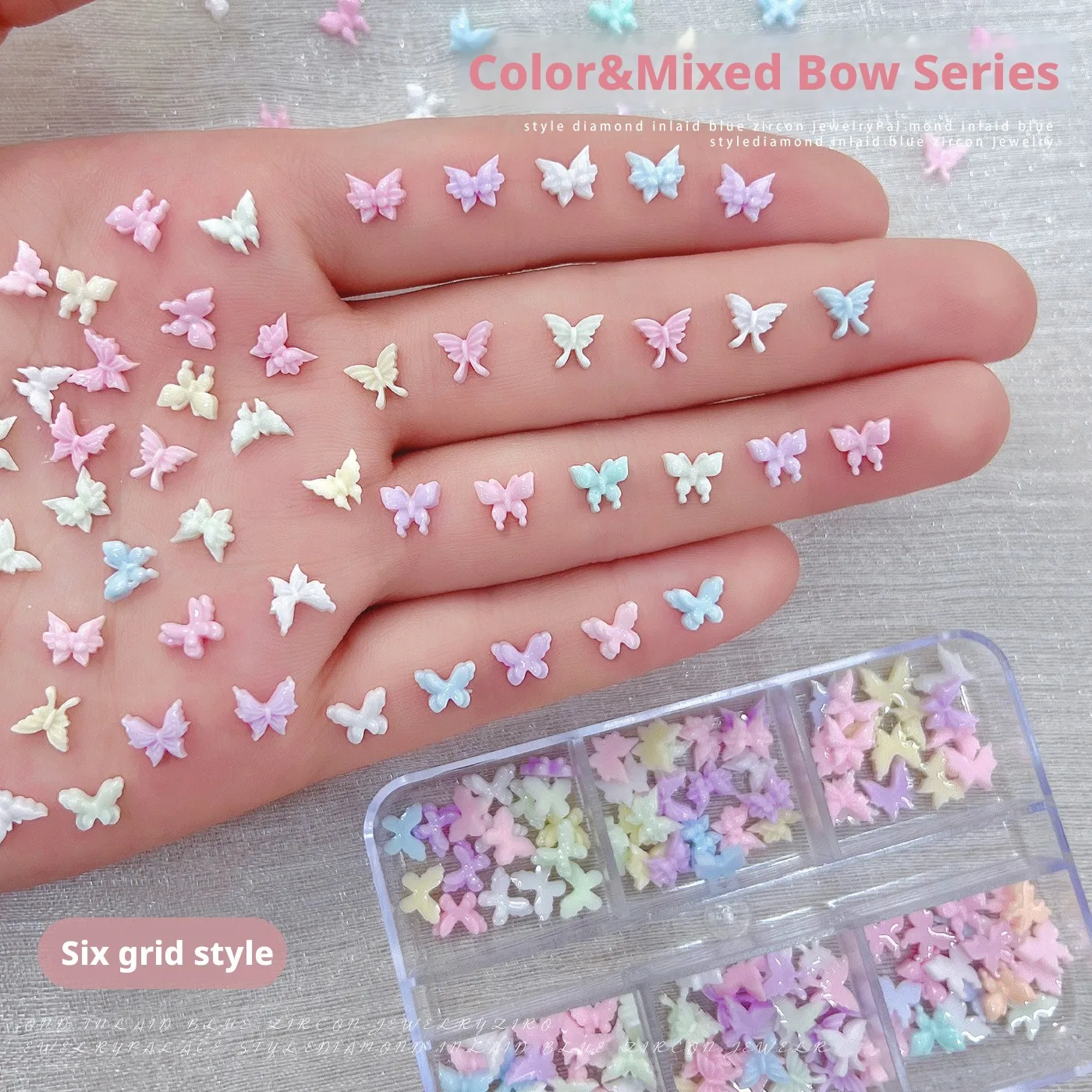 YYM 6 Grids Butterfly Nail Art Charms Set Cute 3D Pink White Resin Butterfly Nail Art Decorations For Nail Salon Home Use