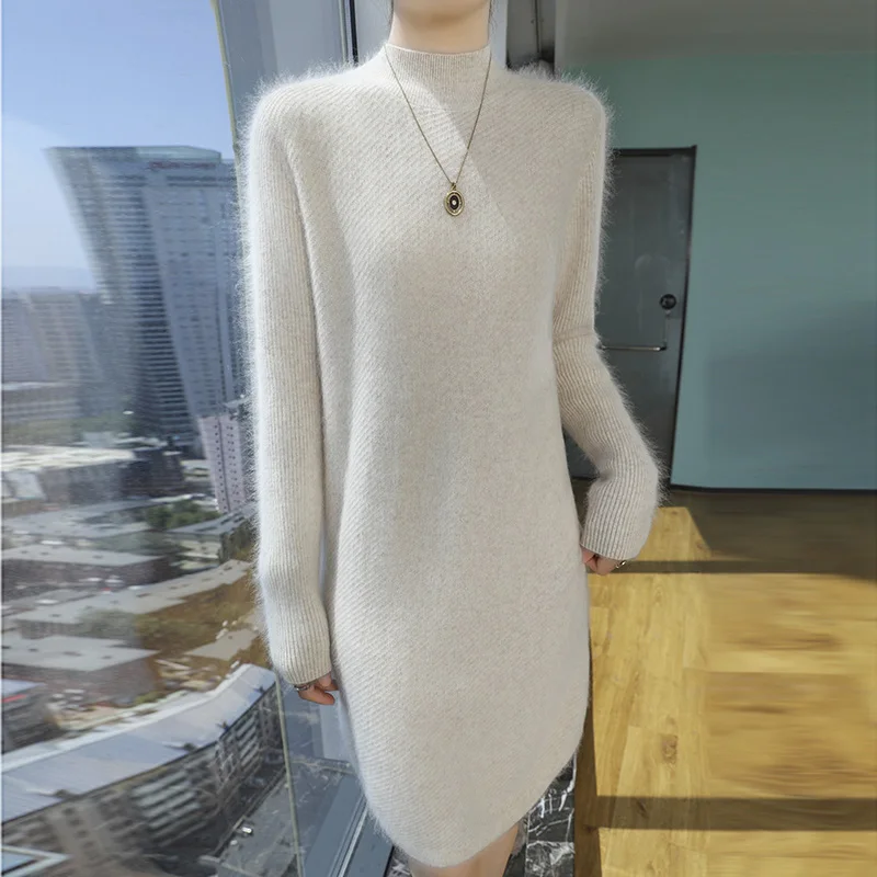 

Autumn and winter new women's 100% mink cashmere sweater half turtleneck knitted dress Fashion solid color warm romantic dress