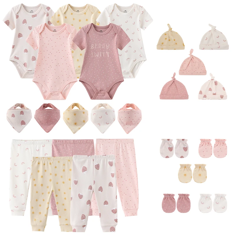 Unisex 25Pcs Cotton Layette Gift Set, All Season Matching Bodysuit Pant Bib Hat Mittens Complete Baby Daily Outfit