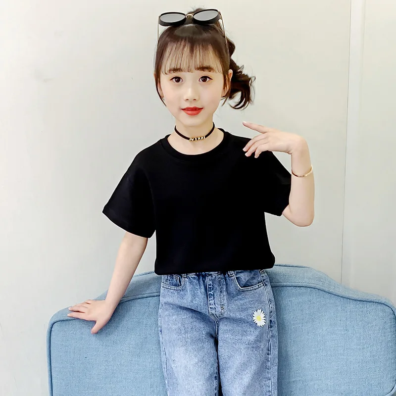 

Boy Girls T-shirt 2025 Summer Pullover Knitted 95% Cotton Tops Tees White Black Purple Pink Green Children's Clothing 4-12Y Wear
