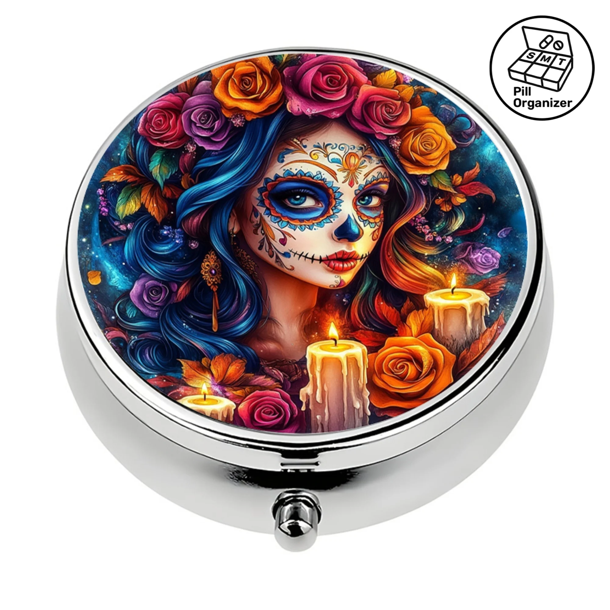 1 Mexican Folk Art Mini Pill Box - 3-Compartment Metal and Plastic Box with Mexican Sugar Skull and Catrina Designs - Day of the Dead Medicine Storage Box, Suitable for Travel, Office, Handbag - Durable Small Pill Box