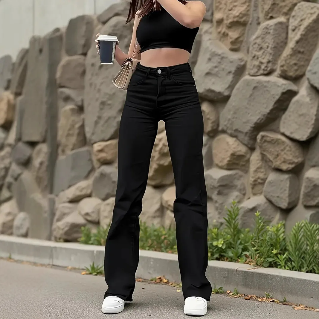 

Прямые брюки, джинсы, женские джинсы, эластичные, с высокой талией, винтажные потертые женские брюки длиной до пола, базовые брюки, уличная одежда