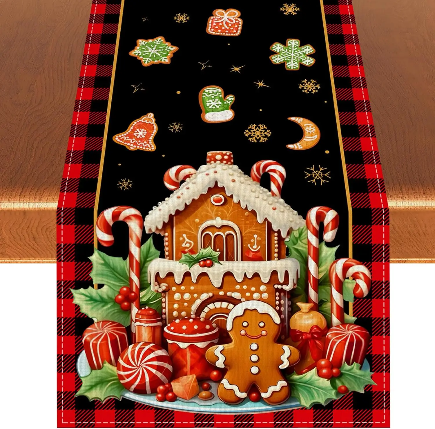 

Merry Christmas Gingerbread Plaid Linen Table Runner Party Decor Winter Xmas Kitchen Dining Table Runners Christmas Decorations