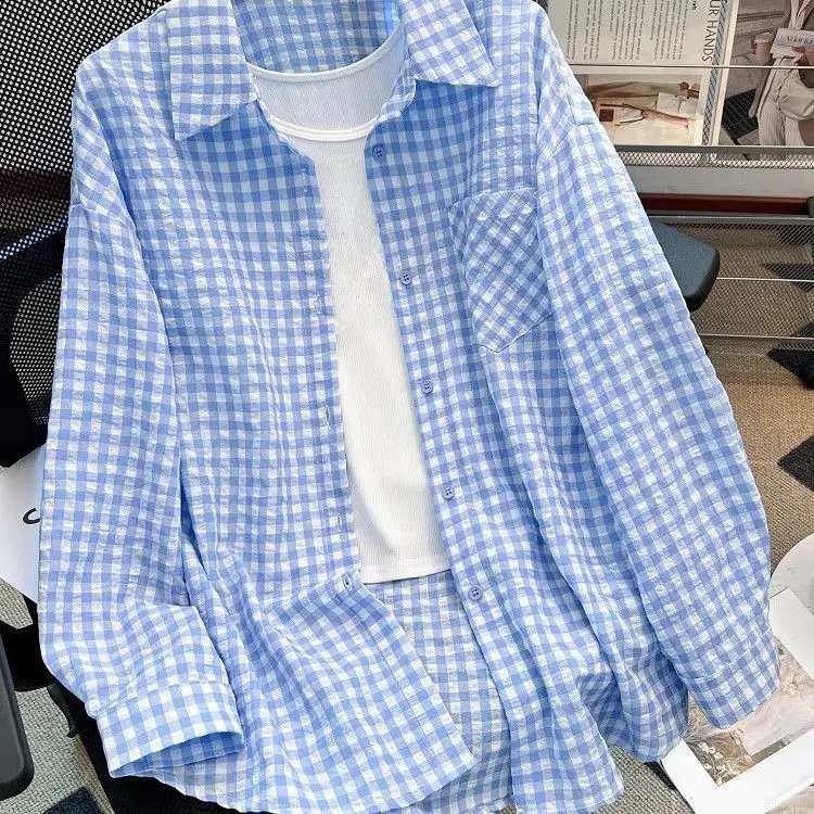 

Fashion Women Shirt Single Breasted Loose Casual Plaid Blue Checkered Blouses Female Top Sunscreen Shirts Summer