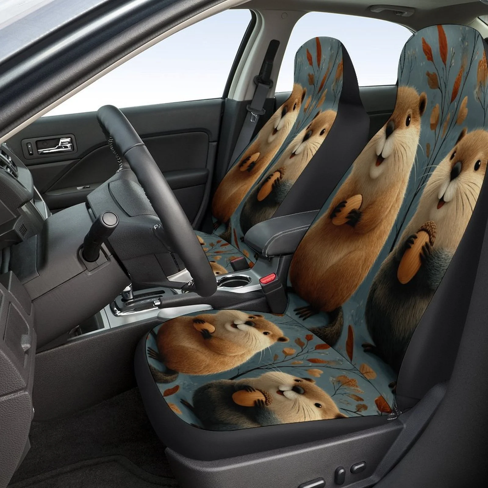 Beavers With Nuts Designed Car Seat Cover Set For Most Cars, High-quality Comfortable Car Seat Protector Covers Full Set, Car S