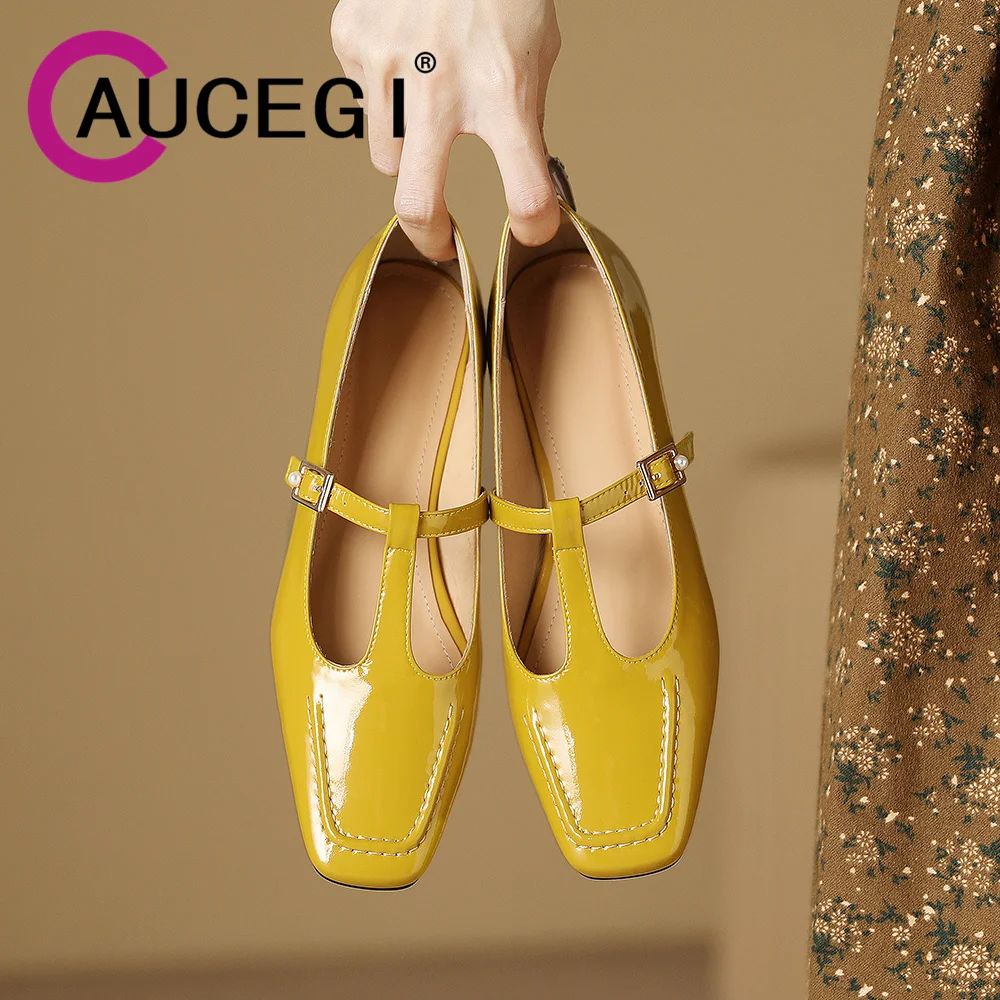 Aucegi New Arrival Patent Leather Flats Heels T-Strap Buckle Square Toe Office Lady 2023 Spring Fashion Party Dress Causal Shoes