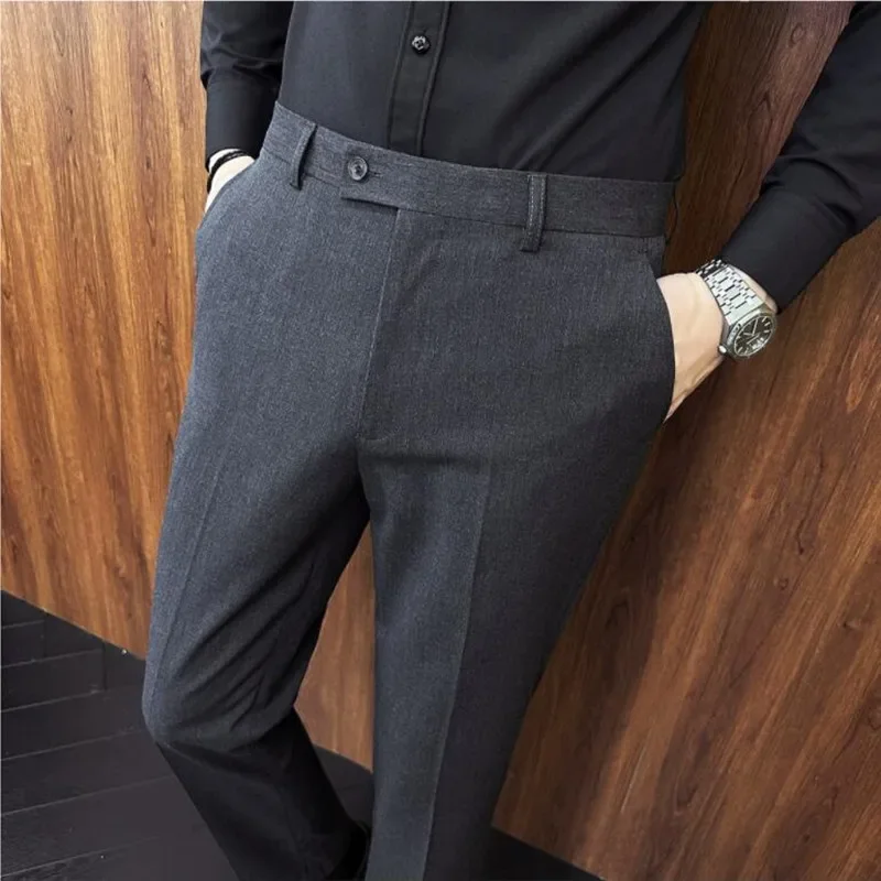 Plus Size 42 40 Men's Elastic Solid Suit Pant Anti Non ironing Business Casual Slim Fit Trousers Office Social Party Dress Pant