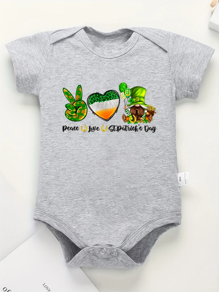 Peace Love St. Patrick's Day Baby Bodysuit Happy Festival Streetwear Cotton Toddler Jumpsuit Green Crew Neck Cozy Infant Onesie